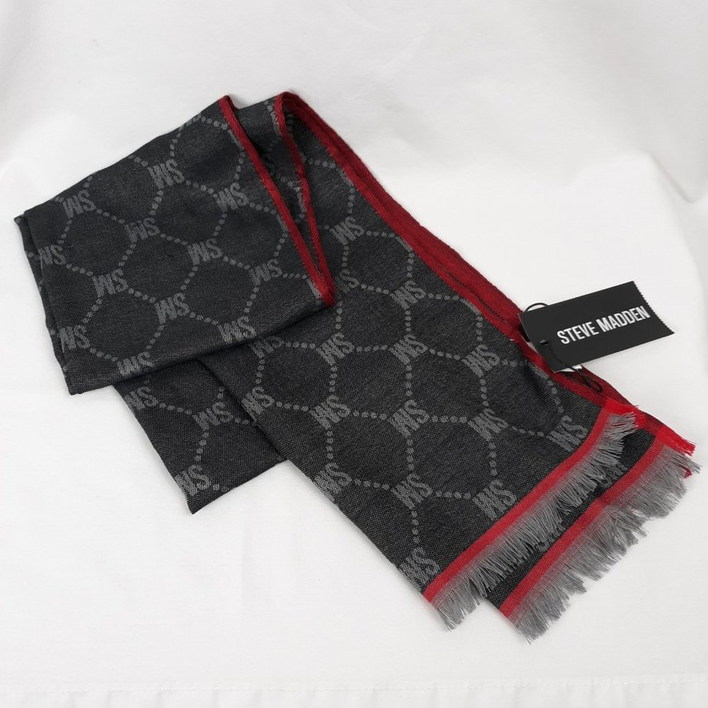 Steve Madden Scarf Charcoal w/Red Trim 'SM' Initials Classic Sophisticated 38"